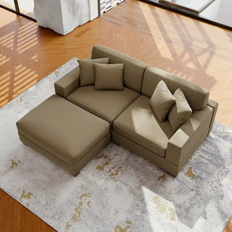 Ensemble canapé sectionnel modulaire en velours côtelé avec méridienne et pouf
