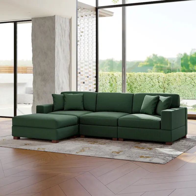Ensemble canapé sectionnel modulaire en velours côtelé avec méridienne et pouf