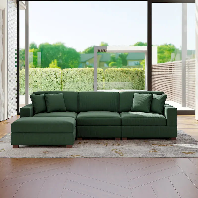 Ensemble canapé sectionnel modulaire en velours côtelé avec méridienne et pouf