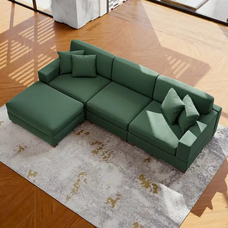 Ensemble canapé sectionnel modulaire en velours côtelé avec méridienne et pouf