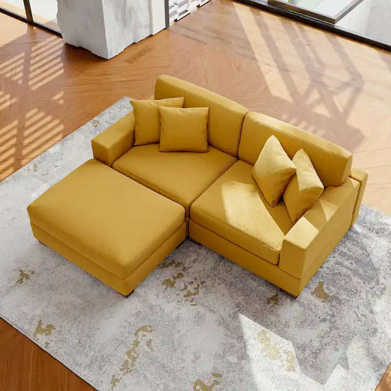 Ensemble canapé sectionnel modulaire en velours côtelé avec méridienne et pouf