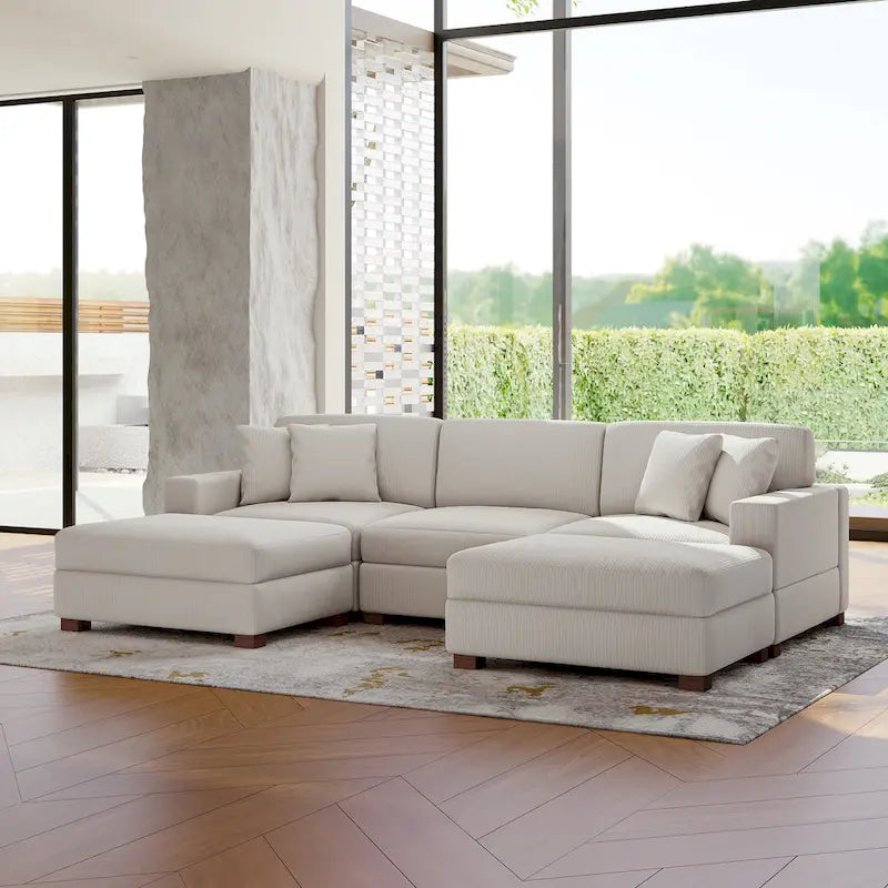 Ensemble canapé sectionnel modulaire en velours côtelé avec méridienne et pouf