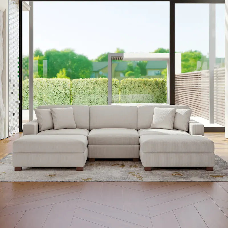 Ensemble canapé sectionnel modulaire en velours côtelé avec méridienne et pouf