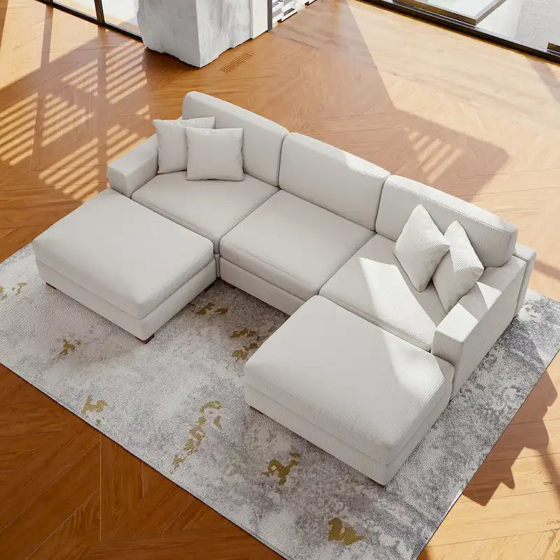 Ensemble canapé sectionnel modulaire en velours côtelé avec méridienne et pouf