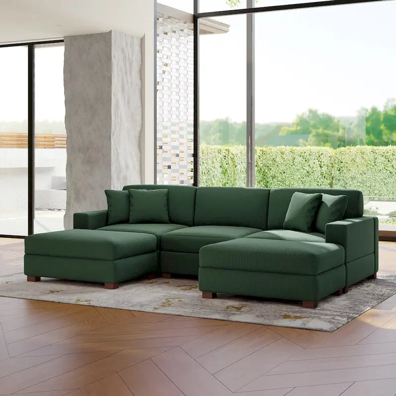 Ensemble canapé sectionnel modulaire en velours côtelé avec méridienne et pouf