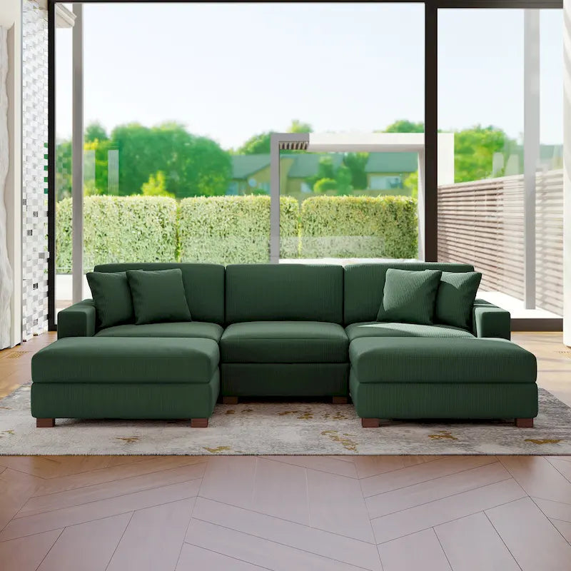 Ensemble canapé sectionnel modulaire en velours côtelé avec méridienne et pouf