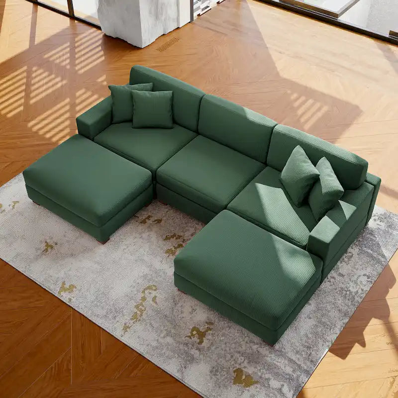 Ensemble canapé sectionnel modulaire en velours côtelé avec méridienne et pouf