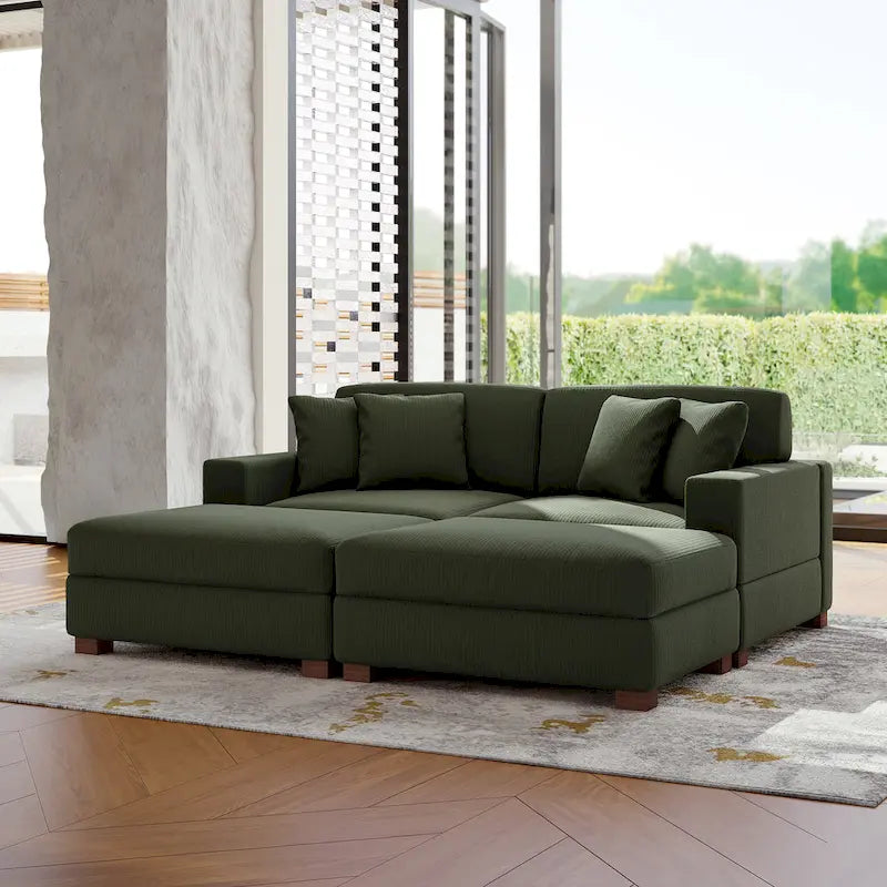 Ensemble canapé sectionnel modulaire en velours côtelé avec méridienne et pouf