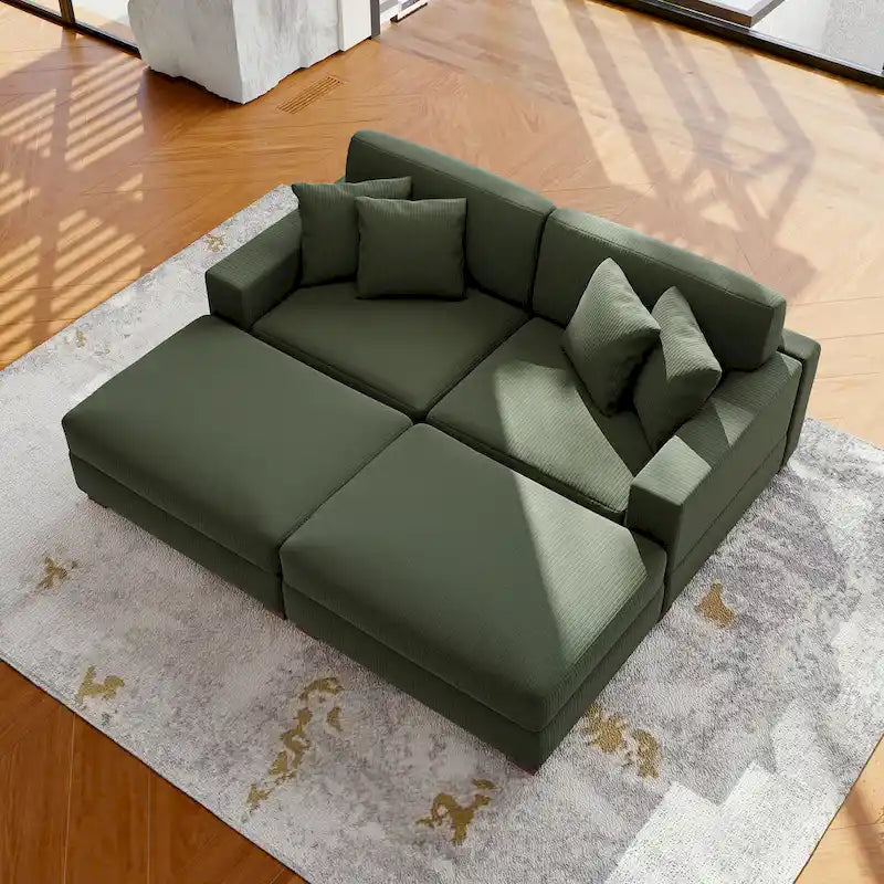 Ensemble canapé sectionnel modulaire en velours côtelé avec méridienne et pouf