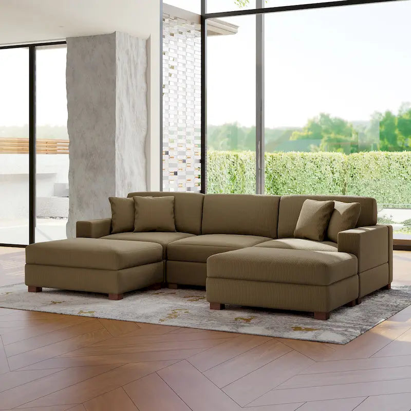 Ensemble canapé sectionnel modulaire en velours côtelé avec méridienne et pouf