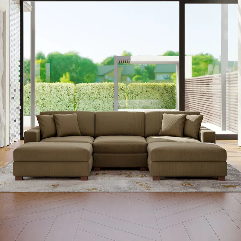 Ensemble canapé sectionnel modulaire en velours côtelé avec méridienne et pouf