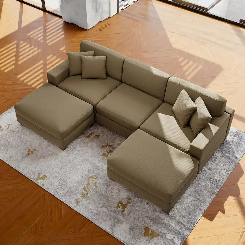 Ensemble canapé sectionnel modulaire en velours côtelé avec méridienne et pouf