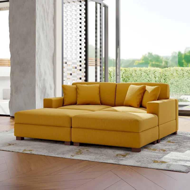 Ensemble canapé sectionnel modulaire en velours côtelé avec méridienne et pouf
