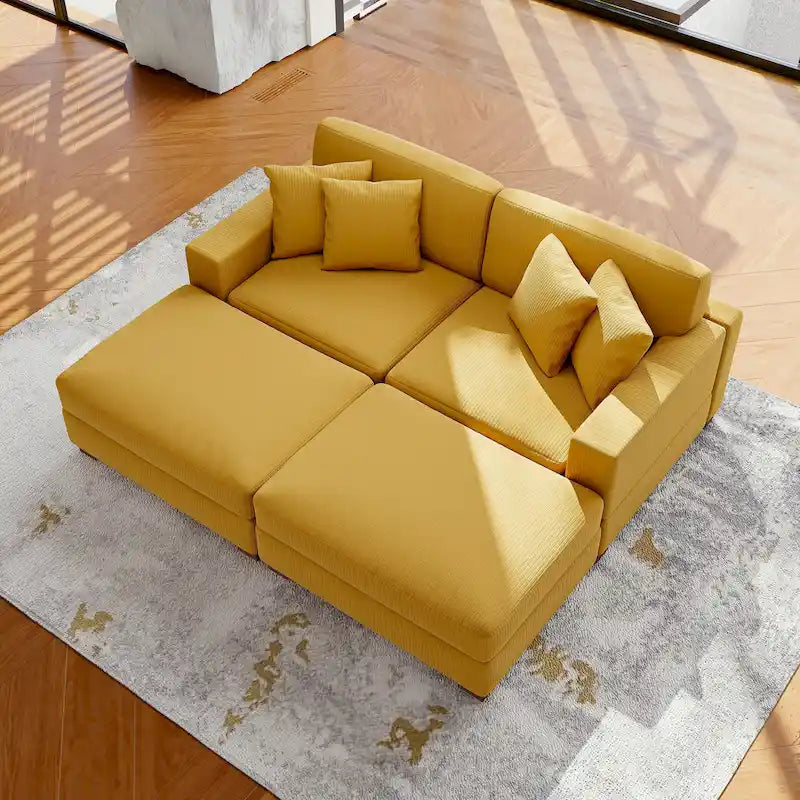 Ensemble canapé sectionnel modulaire en velours côtelé avec méridienne et pouf