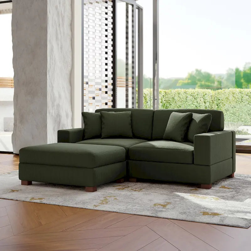 Ensemble canapé sectionnel modulaire en velours côtelé avec méridienne et pouf