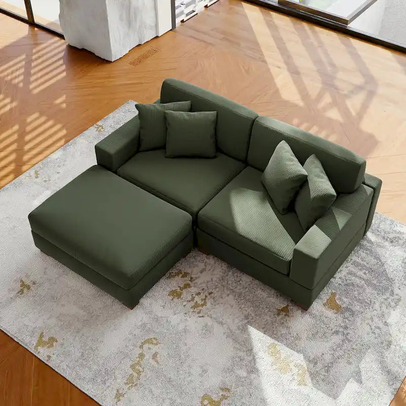 Ensemble canapé sectionnel modulaire en velours côtelé avec méridienne et pouf