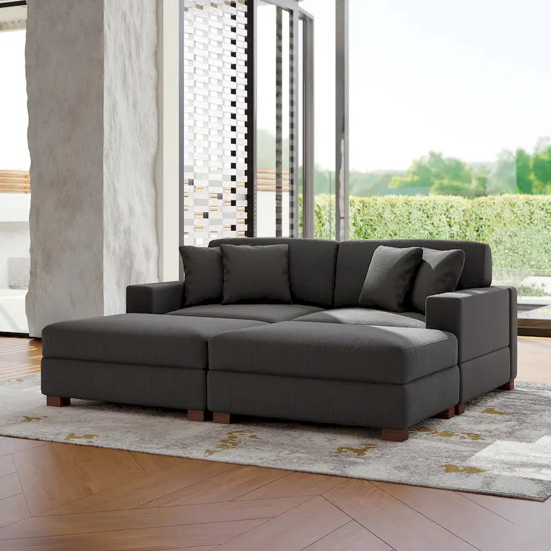 Ensemble canapé sectionnel modulaire en velours côtelé avec méridienne et pouf