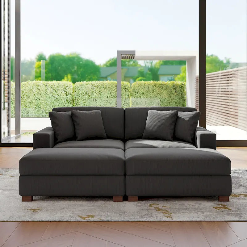 Ensemble canapé sectionnel modulaire en velours côtelé avec méridienne et pouf
