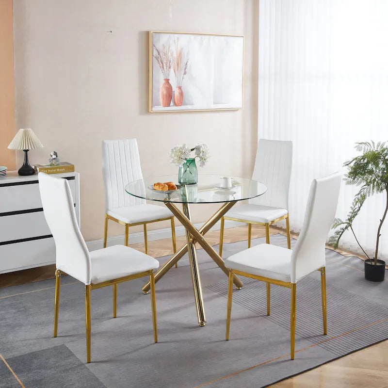 Ensemble de salle à manger 1+4, 5 pièces, Table à manger avec pieds en métal de style Mid-century pour 4 à 6 personnes avec plateau en verre, Table à manger sur pied.