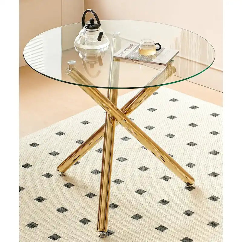Ensemble de salle à manger 1+4, 5 pièces, Table à manger avec pieds en métal de style Mid-century pour 4 à 6 personnes avec plateau en verre, Table à manger sur pied.
