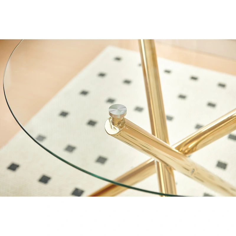 Ensemble de salle à manger 1+4, 5 pièces, Table à manger avec pieds en métal de style Mid-century pour 4 à 6 personnes avec plateau en verre, Table à manger sur pied.
