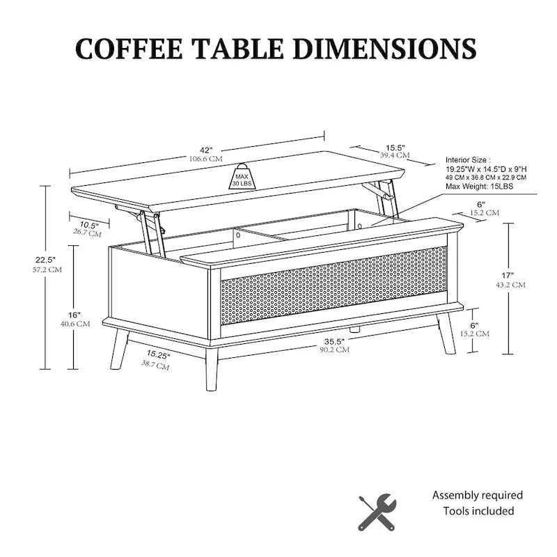 Table basse relevable en rotin Teagan Chelsea Square avec rangement – 42 x 17