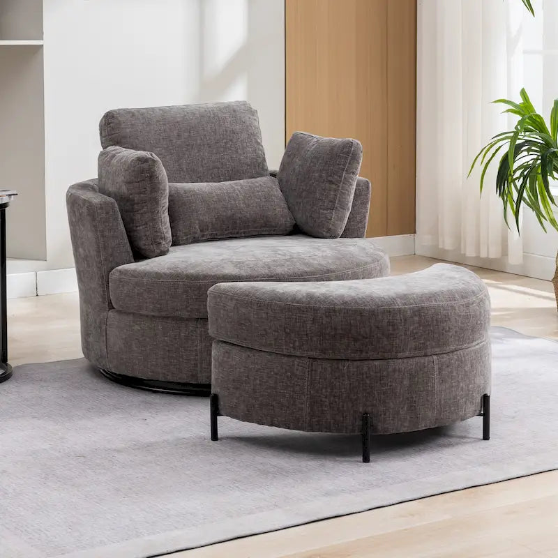 Fauteuil d'appoint pivotant rembourré 42,3 W avec 4 oreillers et pouf de rangement demi-lune