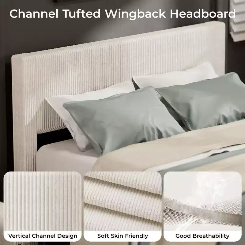 CuisinSmart Cadre de lit en velours côtelé avec tête de lit, cadre de lit rembourré avec plateforme, 4 tiroirs de rangement et support à lattes en bois