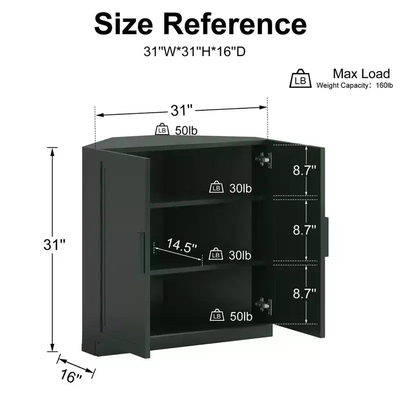 Meuble d'angle Dovelina avec étagères réglables, buffet, meuble à vin, meuble de cuisine et de salle à manger avec portes en bois - 31H x 31L, 36H x 31L