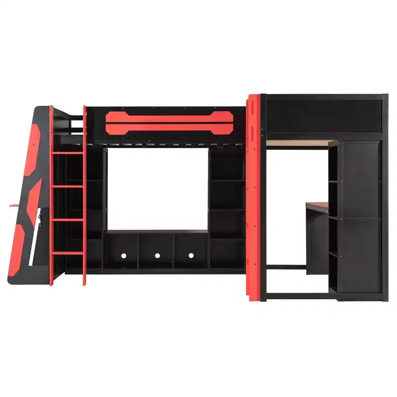 Lit mezzanine de jeu en L avec bureaux, lits superposés doubles avec lumières LED, ports USB, étagères de rangement, lit mezzanine d'angle en bois pour 2 personnes