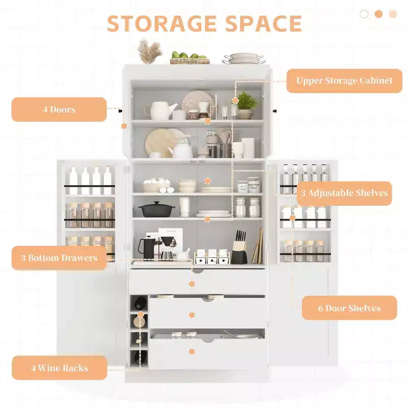 Garde-manger de cuisine autoportant 77H, armoire de rangement de style ferme avec étagères réglables, étagères de porte, tiroirs et casiers à vin - ModernLuxe
