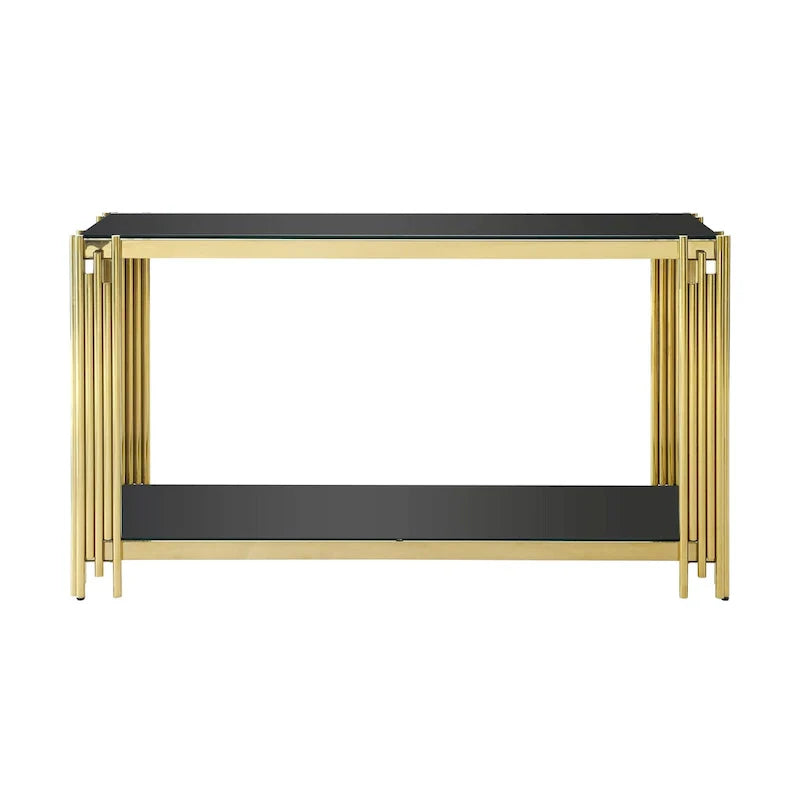 Console étroite à 2 niveaux avec structure en métal doré et plateau en verre trempé