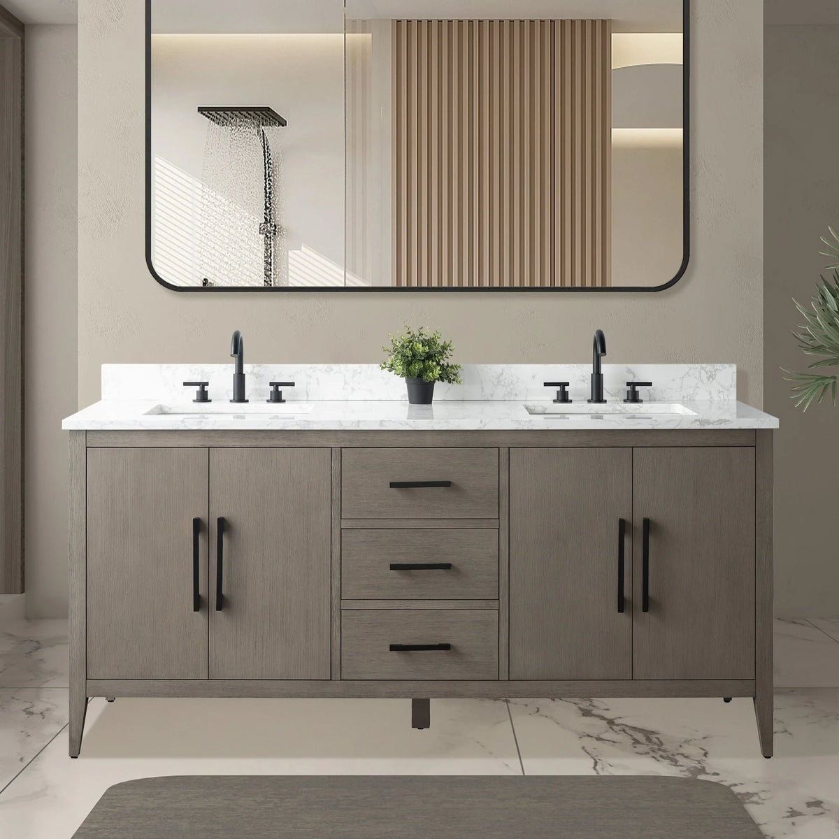 Meuble-lavabo de salle de bain Vanity Art 72 po à double vasque avec dessus en marbre reconstitué