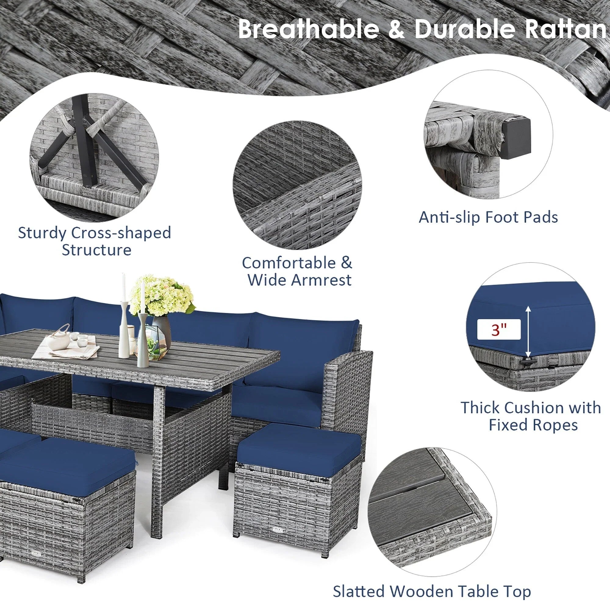 Ensemble de salle à manger Costway 7 pièces en rotin pour terrasse, canapé sectionnel et pouf - Voir détails