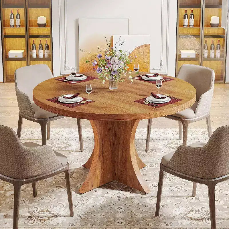 Table de salle à manger ronde Lantine de 47,24 pouces pour 4 à 6 personnes, table de cuisine de style campagnard avec pied central, petite table à manger pour salle à manger, salon, marron