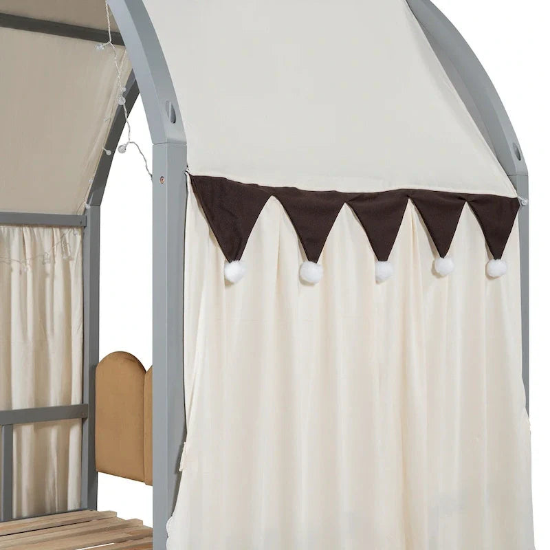Lit cabane Montessori en bois massif avec plateforme, toit voûté et lit gigogne pour filles et garçons