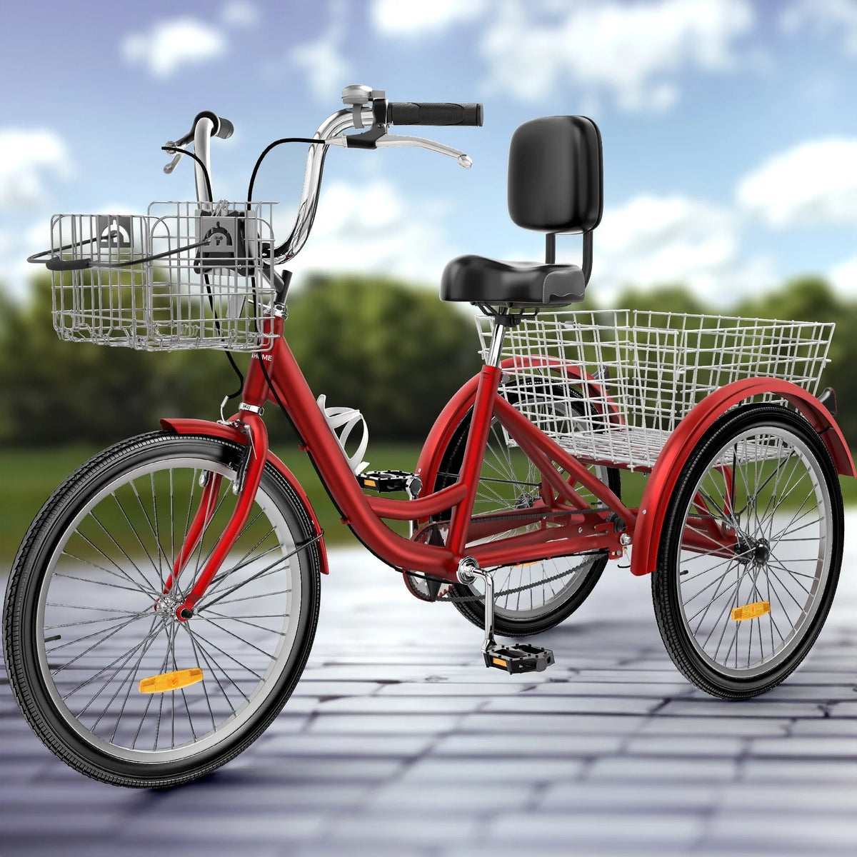 Tricycle adulte bleu 26 pouces à 3 roues avec paniers amovibles