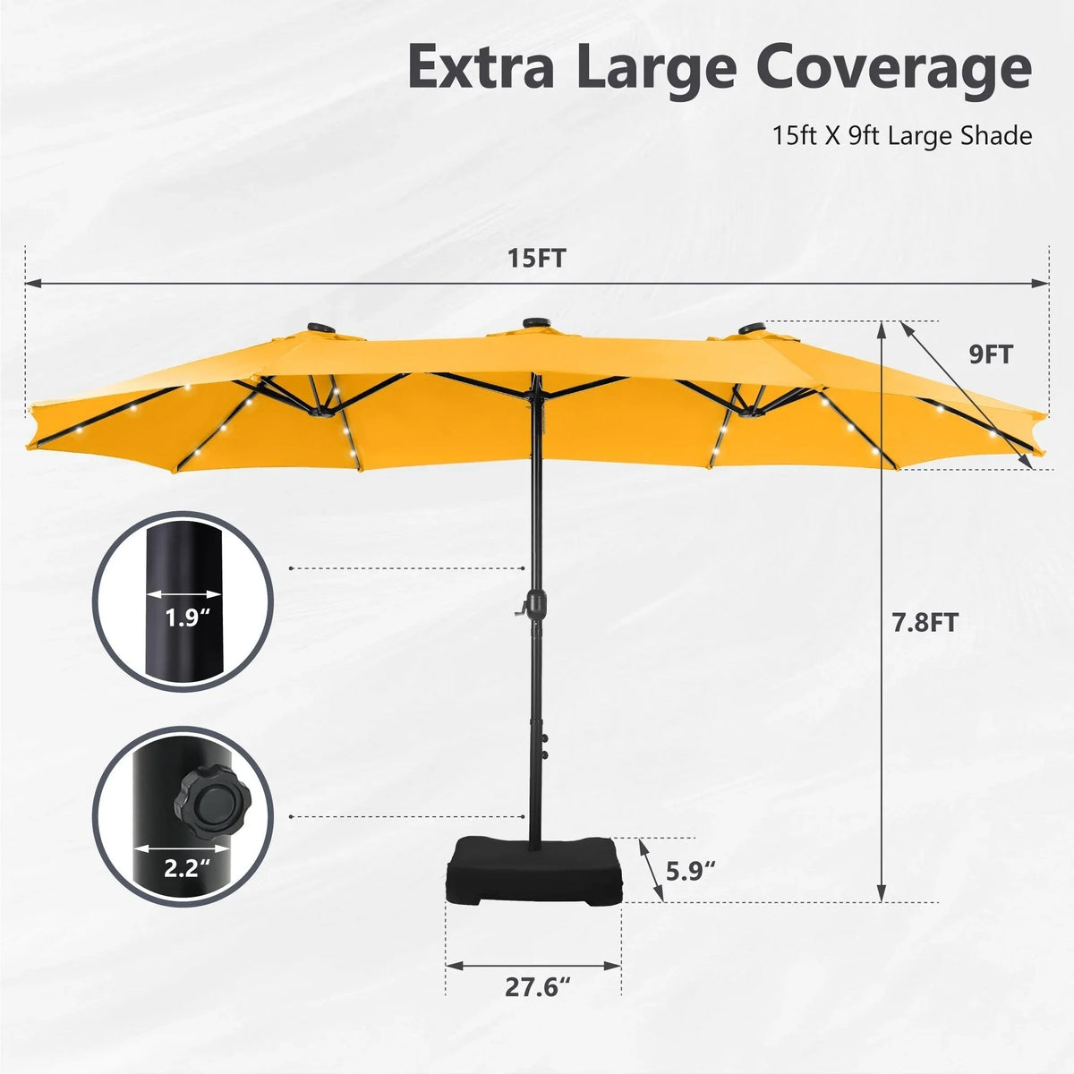 MAISON ARTS Parasol excentré rectangulaire de 4,5 m avec manivelle, parasol de marché double face d'extérieur avec lumières LED solaires et base incluse