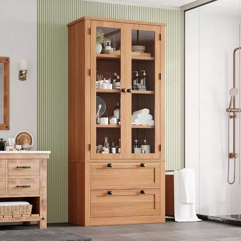 Vaisselier de cuisine de ferme avec portes vitrées, Armoire de rangement de 183 cm avec tiroirs et étagères réglables pour salle à manger, salle de bain, salon