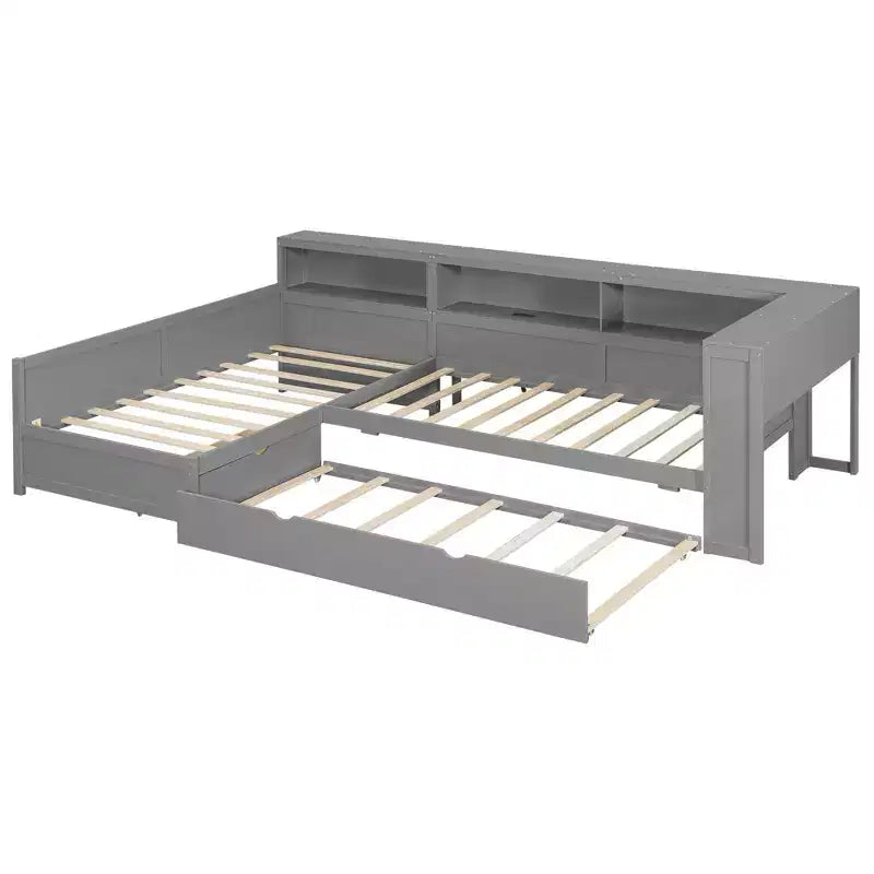 Lit plateforme en L de taille double avec lit gigogne et station de recharge, cadre de lit en bois avec étagère