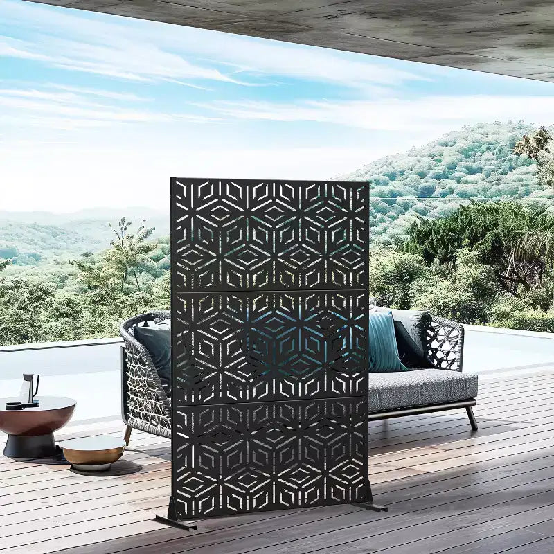 Paravent à 3 panneaux avec motif géométrique – Acier galvanisé noir