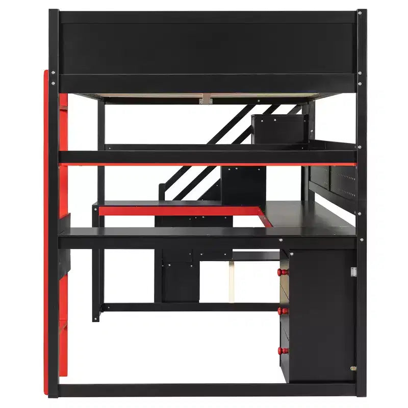 Lit mezzanine GDFStudio Scott en bois avec escalier de rangement, bureau, étagères et panneau perforé