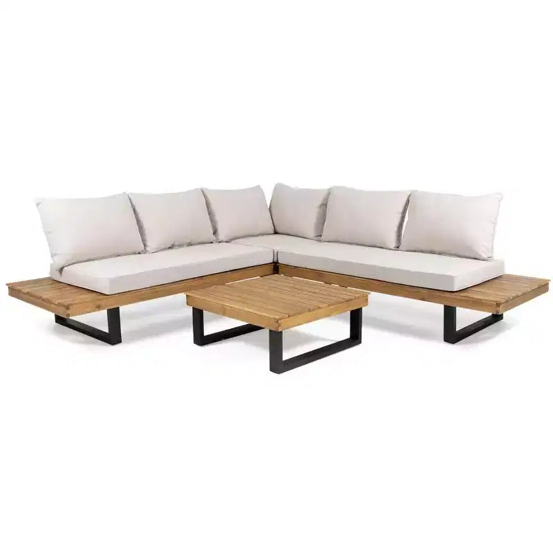 Canapé d'angle d'extérieur en forme de L, ensemble de loisirs pour patio, ensemble de sièges de conversation de jardin avec table basse et coussins résistants à l'eau - ModernLuxe