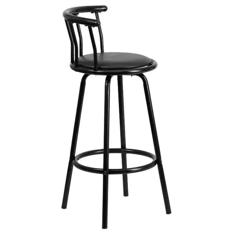 Tabouret de bar Flash Furniture à dossier Couronne, en métal noir avec siège pivotant en vinyle noir.