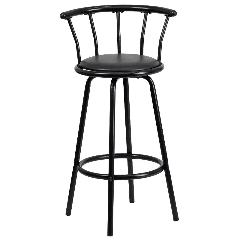Tabouret de bar Flash Furniture à dossier Couronne, en métal noir avec siège pivotant en vinyle noir.