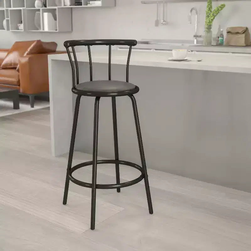 Tabouret de bar Flash Furniture à dossier Couronne, en métal noir avec siège pivotant en vinyle noir.