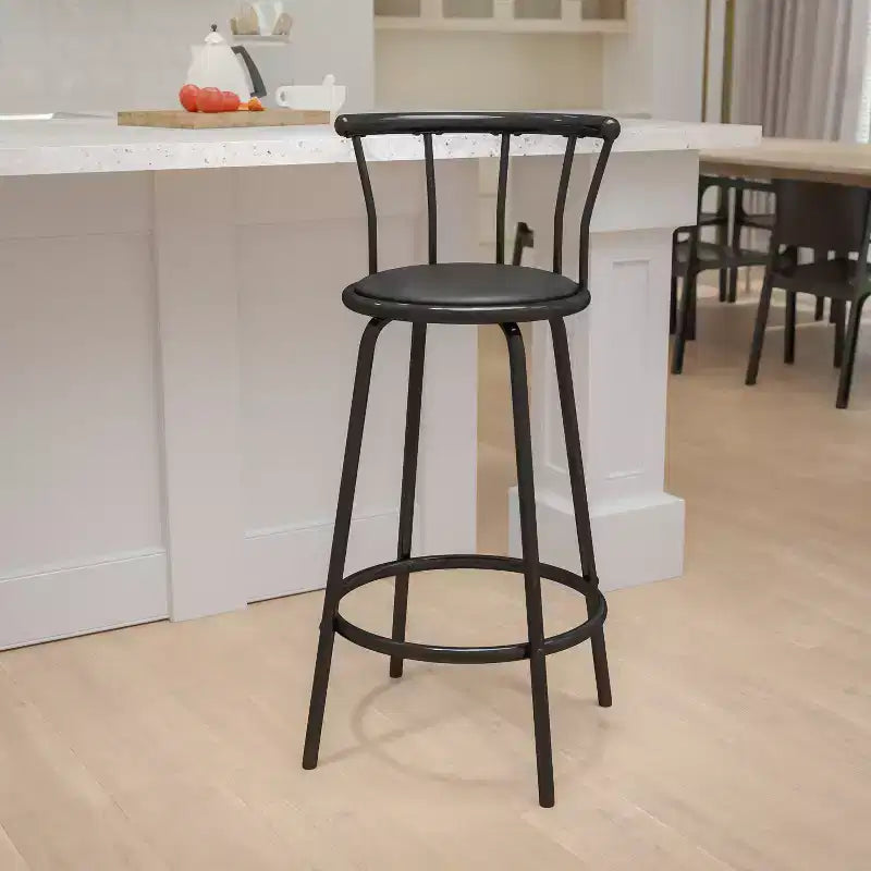 Tabouret de bar Flash Furniture à dossier Couronne, en métal noir avec siège pivotant en vinyle noir.