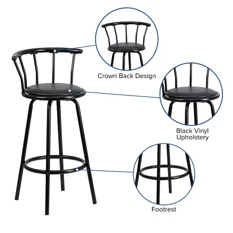Tabouret de bar Flash Furniture à dossier Couronne, en métal noir avec siège pivotant en vinyle noir.