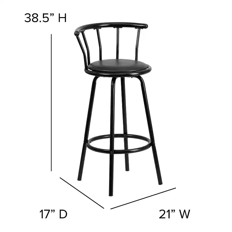 Tabouret de bar Flash Furniture à dossier Couronne, en métal noir avec siège pivotant en vinyle noir.