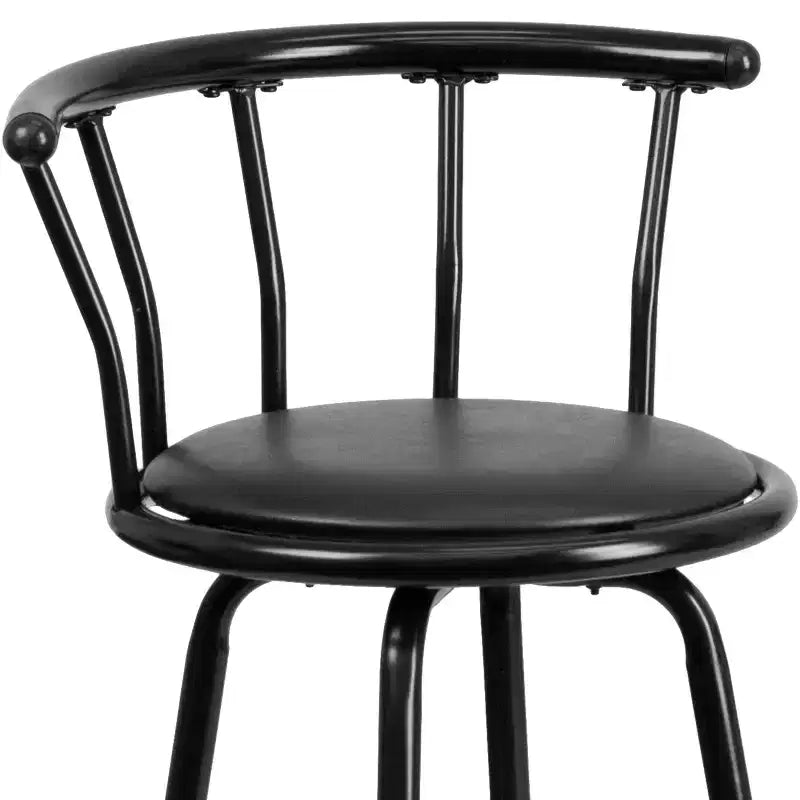 Tabouret de bar Flash Furniture à dossier Couronne, en métal noir avec siège pivotant en vinyle noir.